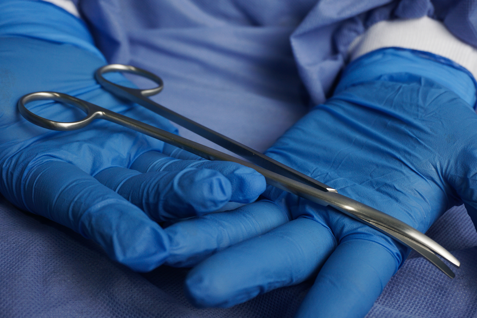 The,Doctor,Wearing,Blue,Medical,Gloves,Holds,The,Necrotomy,Scissors Sharp Debridement