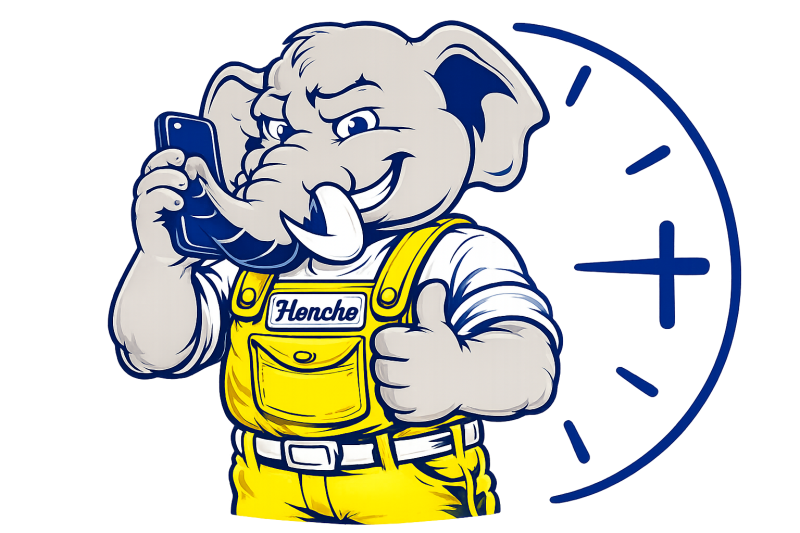 Honcho, the emergency plumbing elephant mascot, answering a phone beside a clock