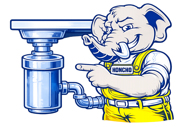 Honcho, the No Pressure Plumbing mascot, illustrating garbage disposal installation