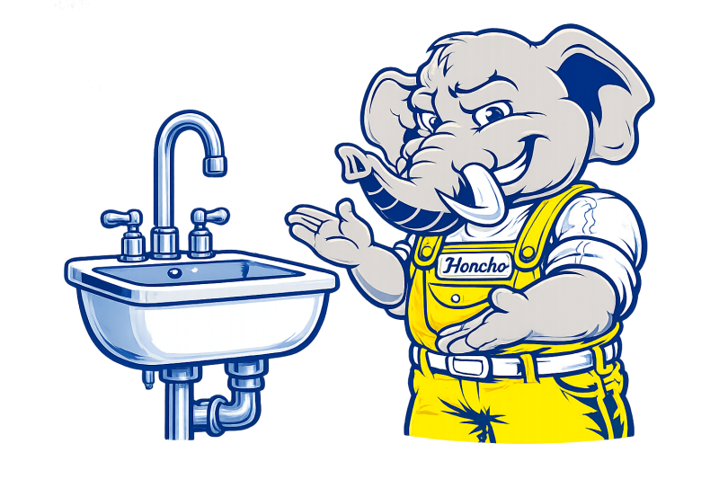 Honcho, the No Pressure Plumbing mascot, illustrating fixture installation