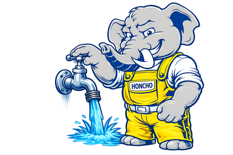 Honcho, the No Pressure Plumbing elephant mascot, turning an outdoor spigot