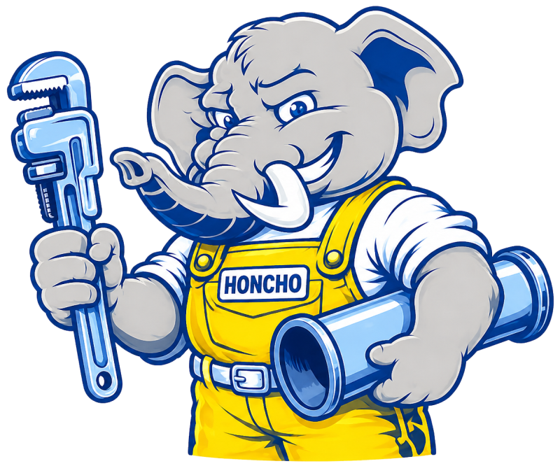 Honcho, the No Pressure Plumbing mascot, illustrating repiping services