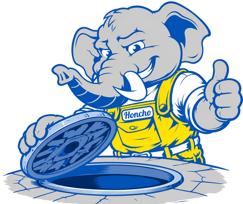 Honcho, the No Pressure Plumbing mascot, illustrating sewer line services