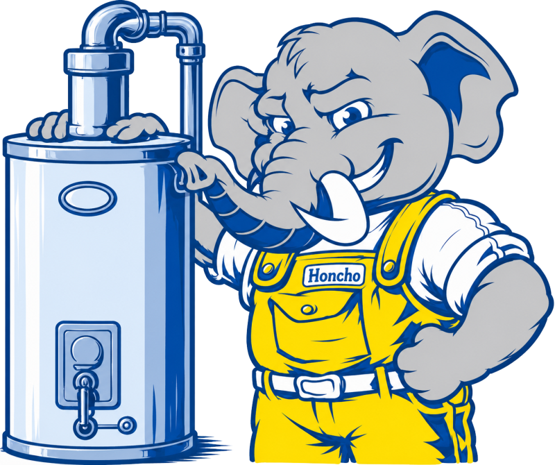 Honcho, the No Pressure Plumbing elephant mascot, beside a water heater