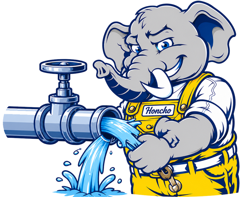 Honcho, the No Pressure Plumbing mascot, illustrating water line services